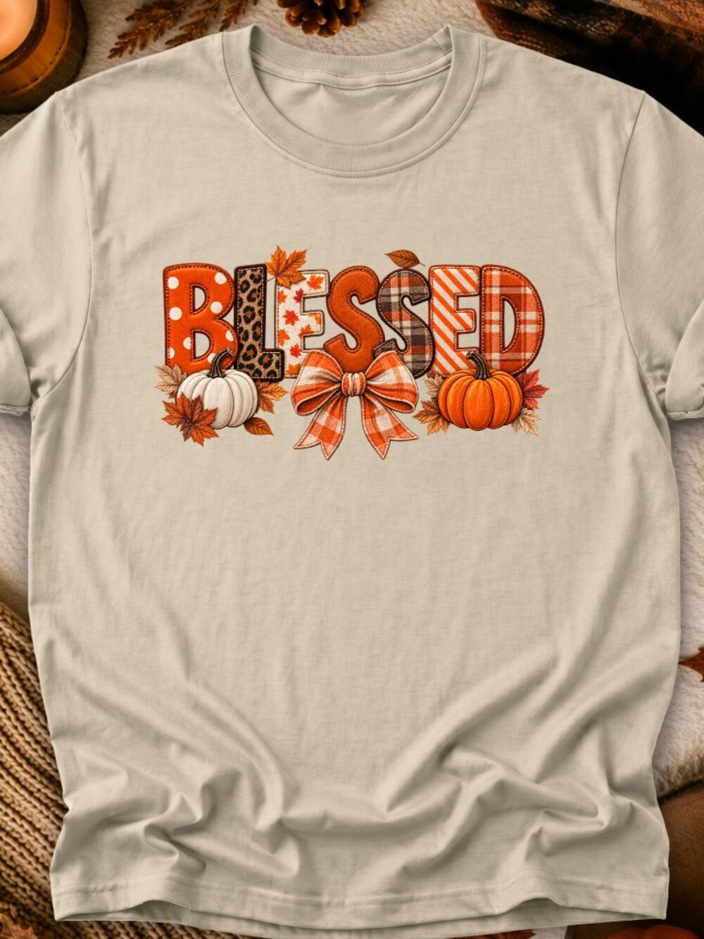 Blessed Fall TShirt Graphic Tee Adult Unisex Applique Autumn Pumpkin Bow Plaid